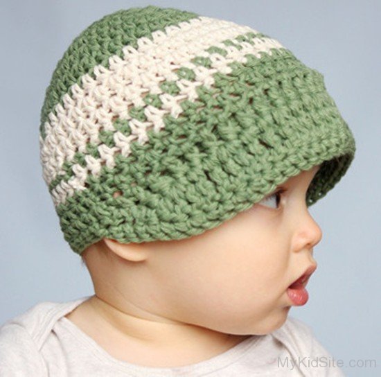 Cute Baby In Sage Green Beanie Visor Hat