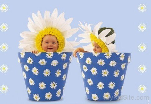 Two Cute Babies Flower In Pot