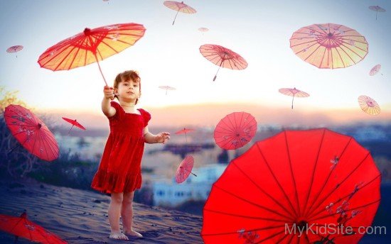 Girl And Red Umbrellas